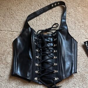 Black Faux Leather Lace-Up Corset Top NWT